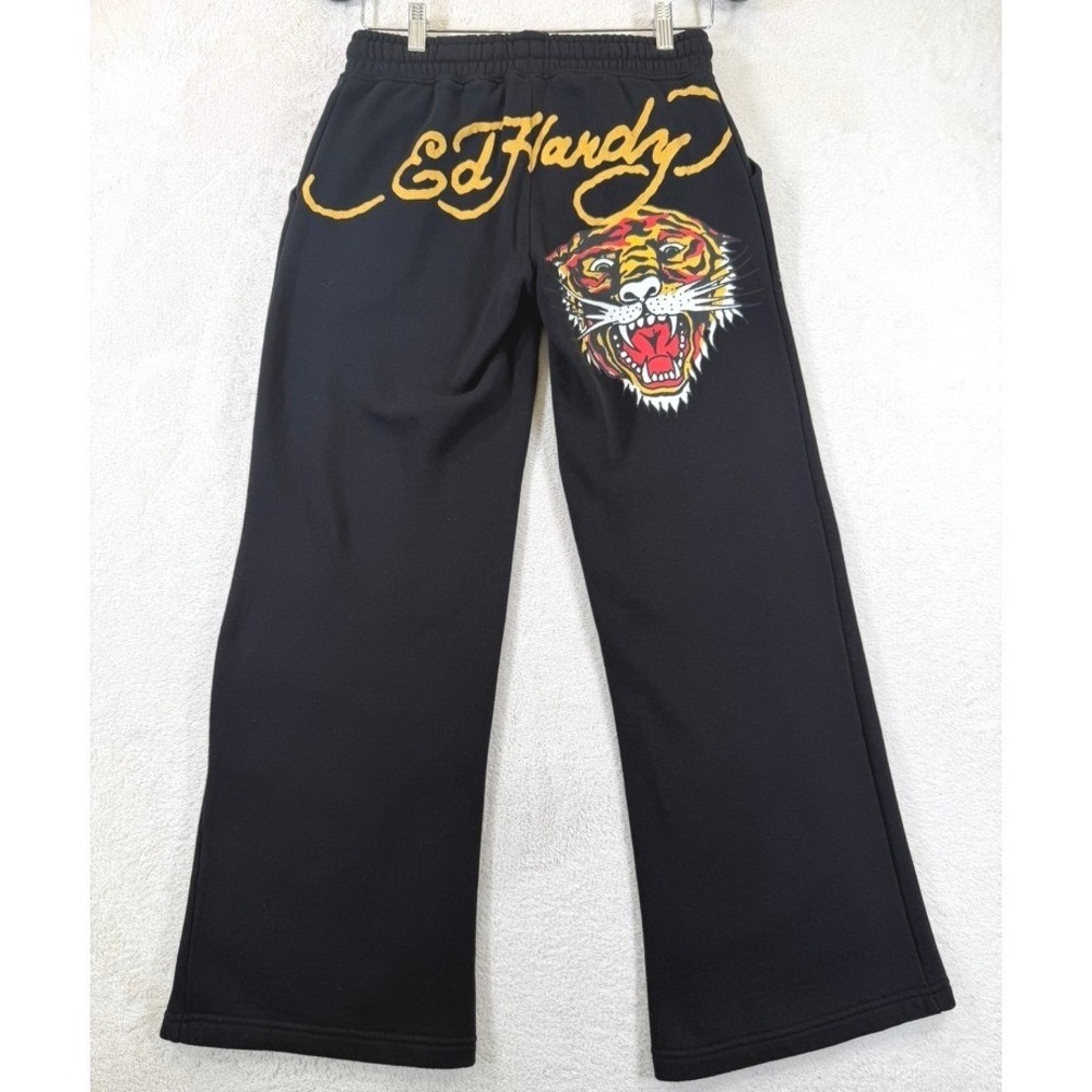Ed Hardy Tiger Graphic Sweatpants Black Wide Leg Womens XS Retro Gold Foil Y2K - Picture 3 of 12